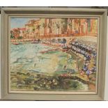 Large Janine Marca (France 1921-2013) watercolour "Seafront, Nice", studio stamped, framed 50 x 61
