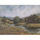 Large Harry Fryers watercolour/gouache "Langstrothdale, N Yorks", framed, mounted and glazed, 36 x