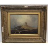 Unsigned Victorian oil on canvas "Ruined coastal castle", original gilt plaster frame (a/f) 25 x