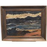 Indistinctly signed, early/mid 20thC abstract oil on panel, "Beach & wave scene", old wood frame,