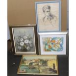 4 pictures by differing artists including a 1961 charcoal portrait by Ceri BARCLAY (Wales born