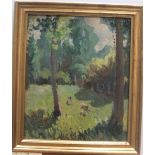 Auguste Jean GAUDIN (1914-1992) impressionist oil on card, "Goats grazing in wooded clearing, studio