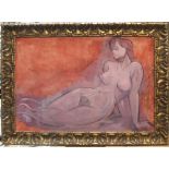 Large A E HANCE modernist oil on canvas "Reclining female nude" in superb gilt frame, 62 x 92 cm