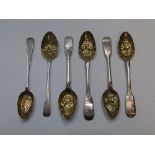 6 hallmarked, antique silver gilt berry spoons