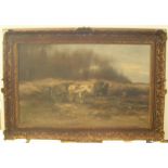 Large antique oil on canvas, "Logging team" signed - ?? Jansson in original ornate frame and dirty