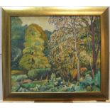 Unsigned, mid 20thC impressionist oil on board, study of foliage, in good, wide gold coloured frame,