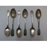 5 hallmarked antique silver spoons engraved "E M" and 1 Cambria spoon