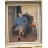 Geneviève ZONDERVAN (France, born 1922) oil on wood panel, "Faceless lady, seated in chair", framed,