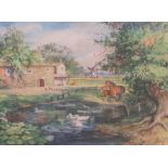 William Ralph E. GOODRICH (1887-1956) 1929 watercolour "Horse & foal next to farm pond", framed