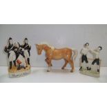 Beswick pony & 2 staffordshire flatbacks including "The Death of Nelson", both Staffordshires