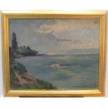 Unsigned, mid 20thc French post-impressionist oil on board, "coastal scene", framed, 27 x 34 cm