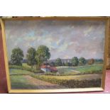 Baron W Walmsby oil on board, "Extensive country landscape", indistinctly signed, thin wood frame,