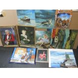 Folio of 10 medium sized 20thC oil paintings by differing artists, some framed All are in good