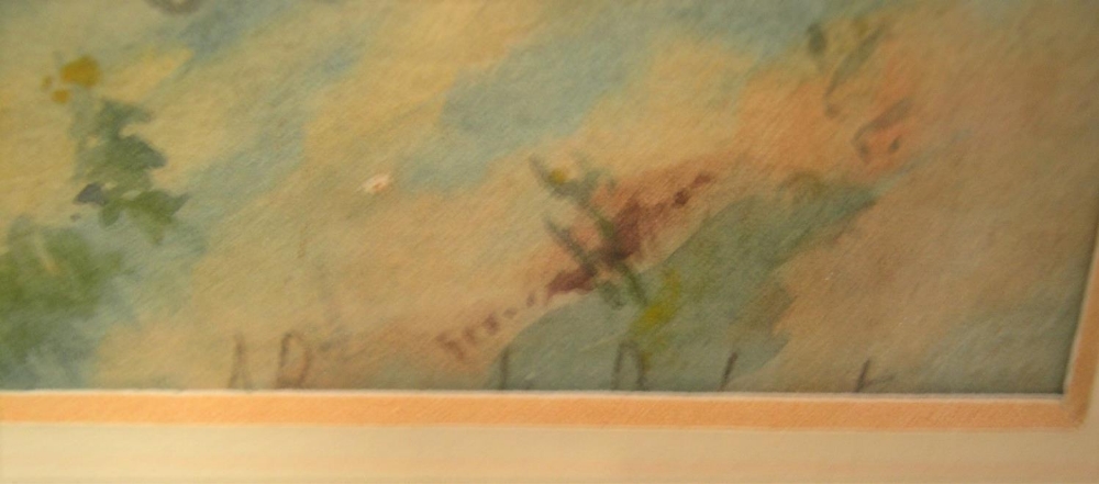 Signed under mount, early 20thC watercolour, Lady outside coastal cottage, framed and glazed 28 x 46 - Image 3 of 3