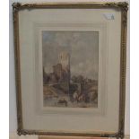 Attributed to David Cox (1783-1859) watercolour "Workman before country church", signed, framed