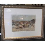 Large, indistinctly signed 1879 watercolour "Unloading the catch", mounted and in a pleasing