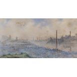 Edwardian watercolour, panoramic view across a misty cityscape, possibly Edinburgh, indistinctly