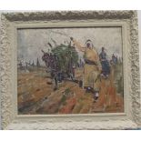 Indistinctly signed impressionist oil on canvas, "Arab man with donkey and cart, indistinctly