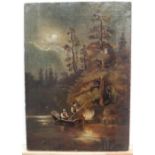 Unsigned, 19thC oil on canvas painting of 2 figures in a boat, unframed, 33 x 23 cm