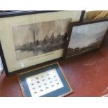 2 large framed prints & a nicely framed group of fly hooks