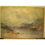 Unsigned, Victorian watercolour "Mistly lake scene", Manner of J M W Turner, unframed 26 x 35 cm