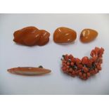 5 early 20thC Edwardian amber and coral ladies brooches