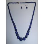 Ladies Edwardian Lapis Lazuli long necklace in graduating form with silver & lapis earrings (