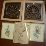2 Victorian carvings of ships wheels in matching frames & 3 small antique bird embroideries