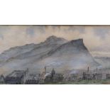 Edwardian watercolour depicting an industrial town scene, possibly Edinburgh, indistinctly