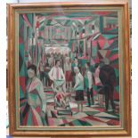 Large Nicholas Leake 2002 cubist oil "Figures at Millburngate shopping centre, Durham", initialled &