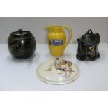 2 hand painted antique tea-pots, a vintage "Hellmans" yellow jug and an old Clarice Ciff painted lid