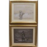 PAIR of chalk drawings of peasant girls at the sea-shore, after Winslow Homer, one inscribed, both