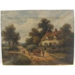 Indistinctly signed, late Victorian oil on canvas, "Horse & cart before country cottage", unframed