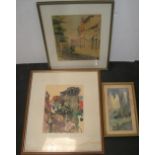 3 watercolours by differing artists, all framed