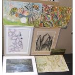 Collection of 7 items (5 oils, 1 w/c & 1 charcoal drawing), mostly unframed. Smallest 23 x 40 cm,