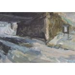 Large, impressionist, impasto oil "Winter river flowing under a bridge", unsigned, framed, circa