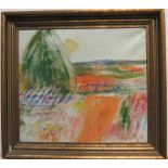 circle of Carl KYLBERG (1878-1952) modernist oil on canvas, "Haystacks in extensive landscape",
