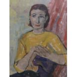 Geneviève ZONDERVAN (French born 1922) oil on board portrait of a lady in yellow jumper, framed,