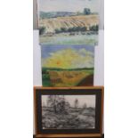 2 oil paintings and a graphite landscape by Cordero, Approx average 45 x 60 cm