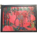 Large 1988 Russian school, circus scene, oil on canvas, indistinctly signed, framed 57 x 77 cm