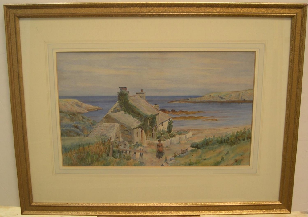 Signed under mount, early 20thC watercolour, Lady outside coastal cottage, framed and glazed 28 x 46
