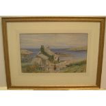 Signed under mount, early 20thC watercolour, Lady outside coastal cottage, framed and glazed 28 x 46