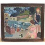 Sheila Holland (Cornwall 1932 - 2012) British cubist school oil on card, "The bathers", framed 48