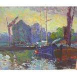 Large, Norman LAYCOCK (1920-1985) impressionist oil "Boats in dock", inscribed verso, framed, 64 x