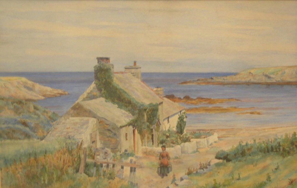 Signed under mount, early 20thC watercolour, Lady outside coastal cottage, framed and glazed 28 x 46 - Image 2 of 3