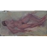 Large A E HANCE modernist oil on canvas, "Reclining female nude", 62 x 122 cm Fine and clean