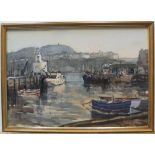 Indistinctly signed watercolour, Isle of Man harbour scene, framed 37 x 53cm