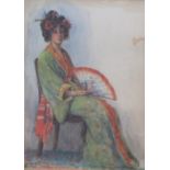 Early 20thC watercolour portrait of a seated lady in a kimono, initialled W.A.B, framed and glazed