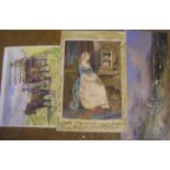 2 Edwardian watercolours by different artists and an old print, all unframed