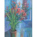 Anne Elsworth 1994 acrylic "The potted plant in the blue room", signed, dated and framed, 45 x 35 cm